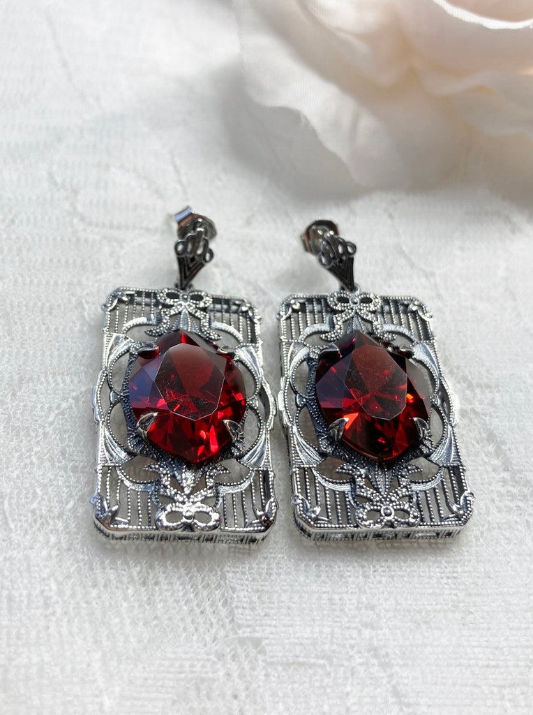 Red Garnet CZ (Cubic Zirconia) Earrings, Sterling Silver Art deco Filigree, Vintage Jewelry, Silver Embrace Jewelry, Antoinette Earrings, E24