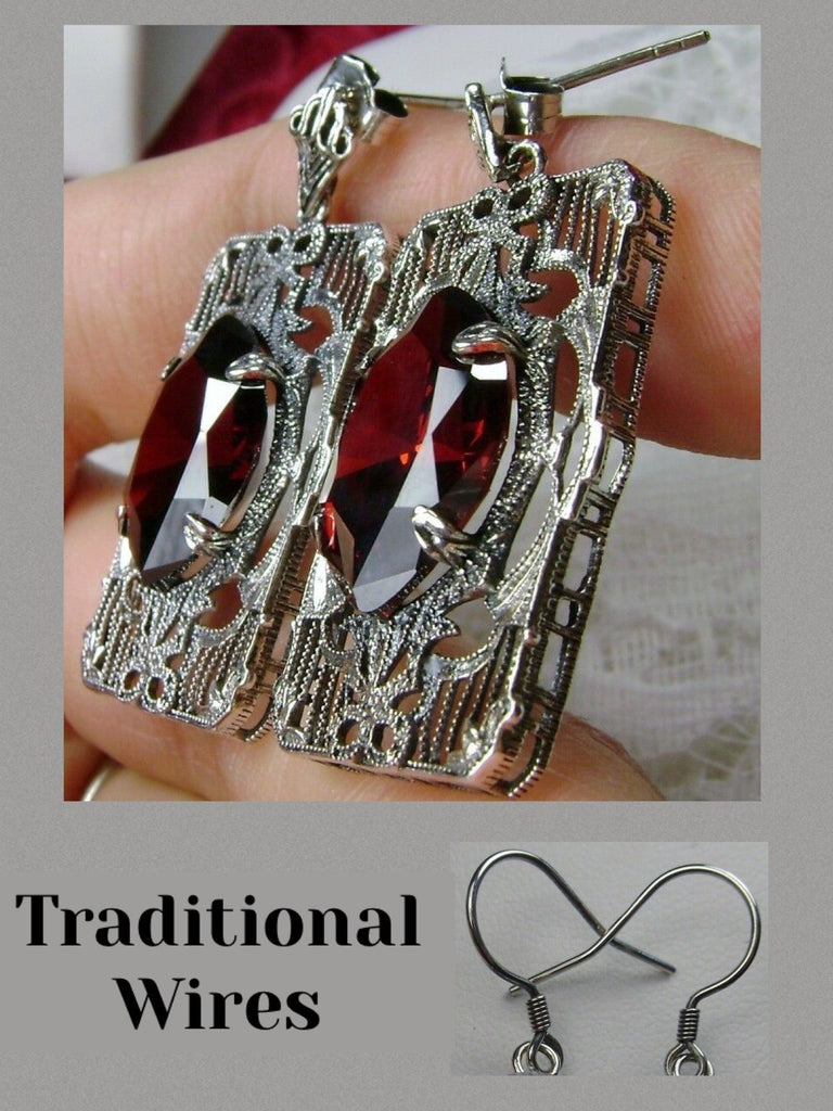 Red Garnet CZ (Cubic Zirconia)  Earrings, Sterling Silver Art deco Filigree, Vintage Jewelry, Silver Embrace Jewelry, Antoinette Earrings, E24