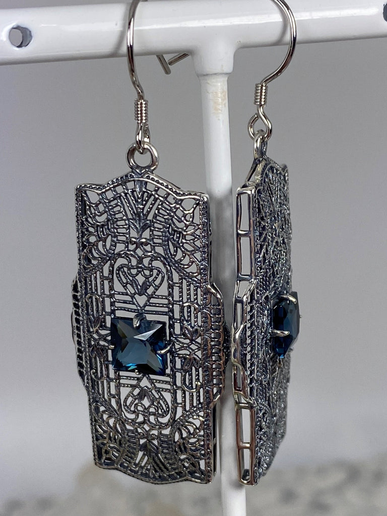 Natural London Blue Topaz Earrings, Lacy Sterling Silver Filigree, Square Gemstone, Traditional Wires, Lacy Square Earrings, Silver Embrace Jewelry, E26