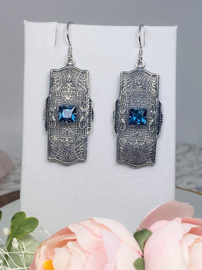 Natural London Blue Topaz Earrings, Lacy Sterling Silver Filigree, Square Gemstone, Traditional Wires, Lacy Square Earrings, Silver Embrace Jewelry, E26