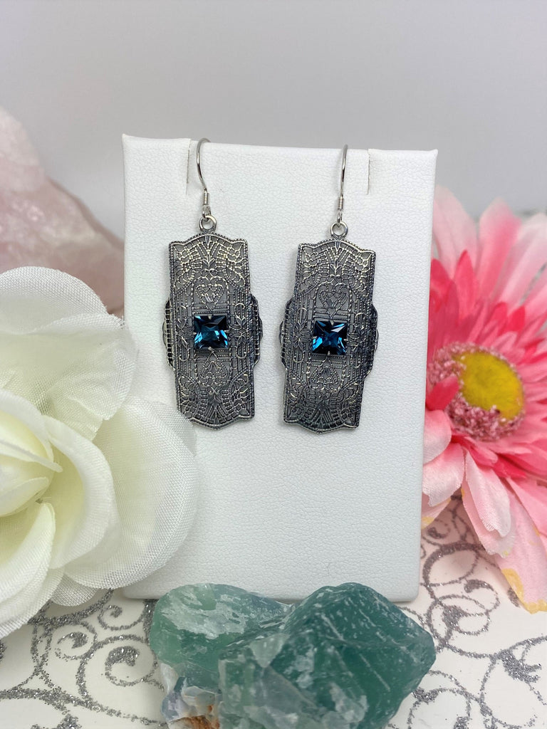 Natural London Blue Topaz Earrings, Lacy Sterling Silver Filigree, Square Gemstone, Traditional Wires, Lacy Square Earrings, Silver Embrace Jewelry, E26