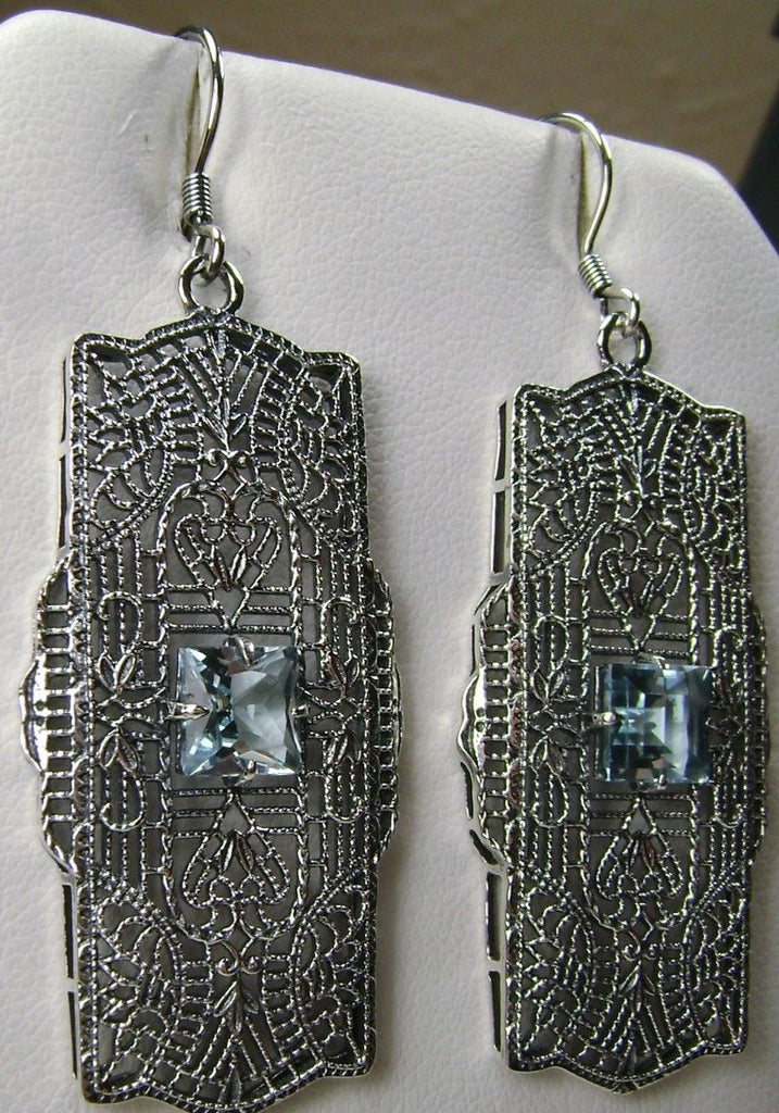 Natural Blue Topaz Earrings, Lacy Sterling Silver Filigree, Square Gemstone, Traditional Wires, Lacy Square Earrings, Silver Embrace Jewelry, E26