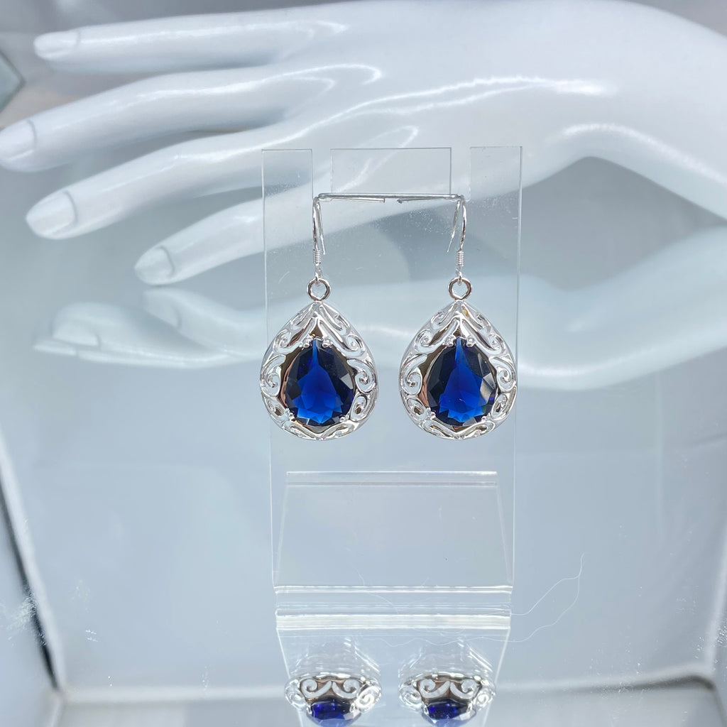 Blue Sapphire Earrings, wire Earring backs, simulated Gem, Sterling silver Filigree, E28, Silver Embrace Jewelry