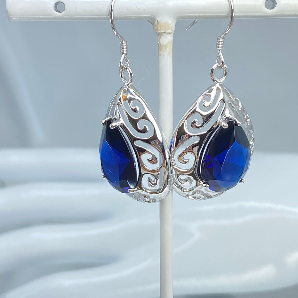 Blue Sapphire Earrings, wire Earring backs, simulated Gem, Sterling silver Filigree, E28, Silver Embrace Jewelry