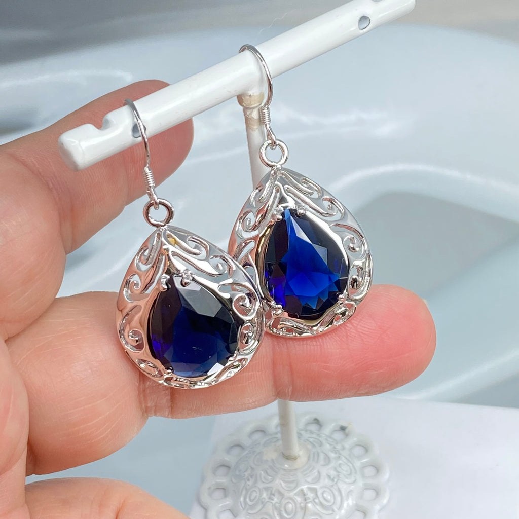 Blue Sapphire Earrings, wire Earring backs, simulated Gem, Sterling silver Filigree, E28, Silver Embrace Jewelry