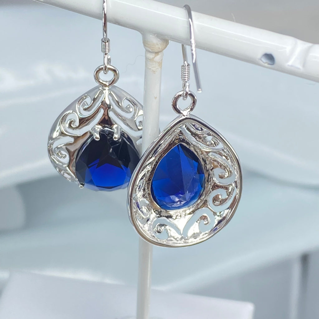 Blue Sapphire Earrings, wire Earring backs, simulated Gem, Sterling silver Filigree, E28, Silver Embrace Jewelry