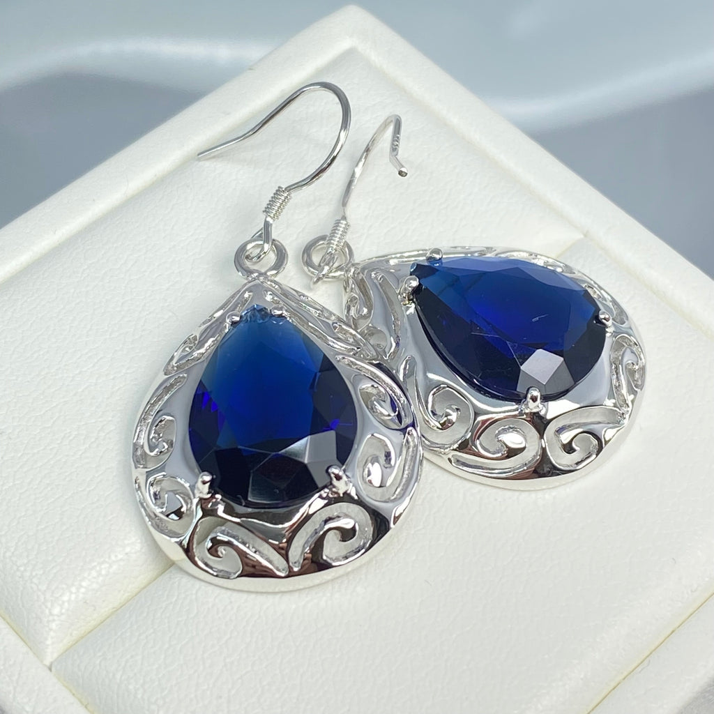 Blue Sapphire Earrings, wire Earring backs, simulated Gem, Sterling silver Filigree, E28, Silver Embrace Jewelry