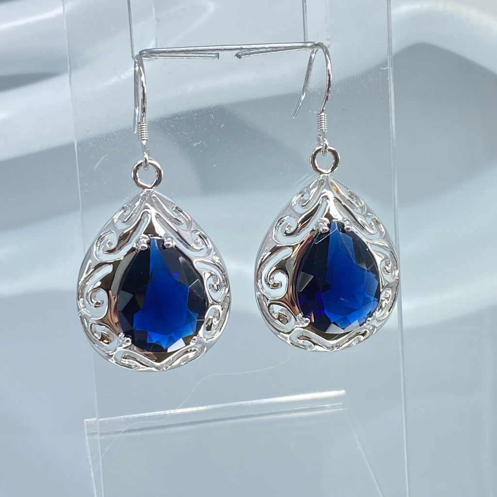 Blue Sapphire Earrings, wire Earring backs, simulated Gem, Sterling silver Filigree, E28, Silver Embrace Jewelry