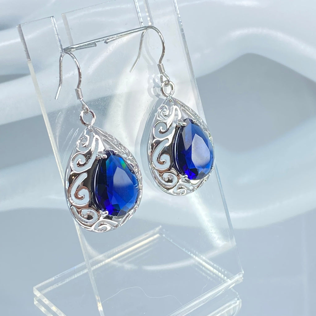 Blue Sapphire Earrings, wire Earring backs, simulated Gem, Sterling silver Filigree, E28, Silver Embrace Jewelry