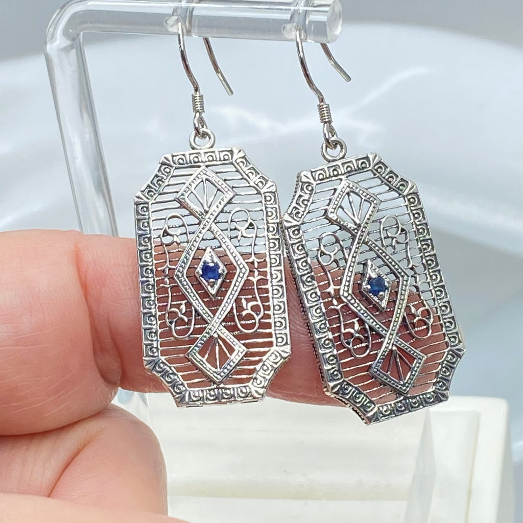 Natural Blue Sapphire Earrings, GeoDeco style, sterling silver filigree, Vintage Antique Jewelry, Art Deco Jewelry, Silver Embrace Jewelry, P357