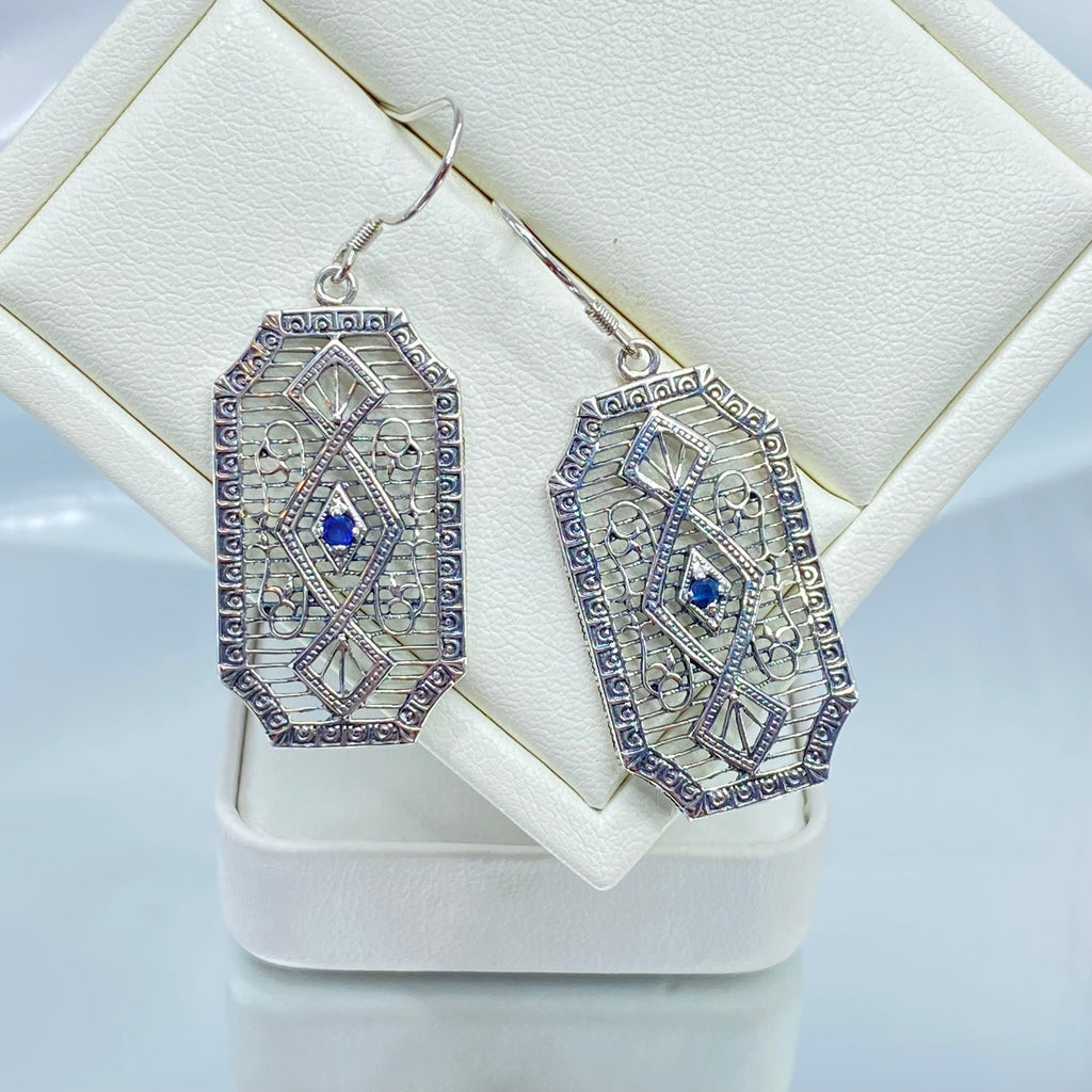 Natural Blue Sapphire Earrings, GeoDeco style, sterling silver filigree, Vintage Antique Jewelry, Art Deco Jewelry, Silver Embrace Jewelry, P357