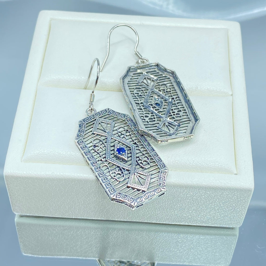 Natural Blue Sapphire Earrings, GeoDeco style, sterling silver filigree, Vintage Antique Jewelry, Art Deco Jewelry, Silver Embrace Jewelry, P357