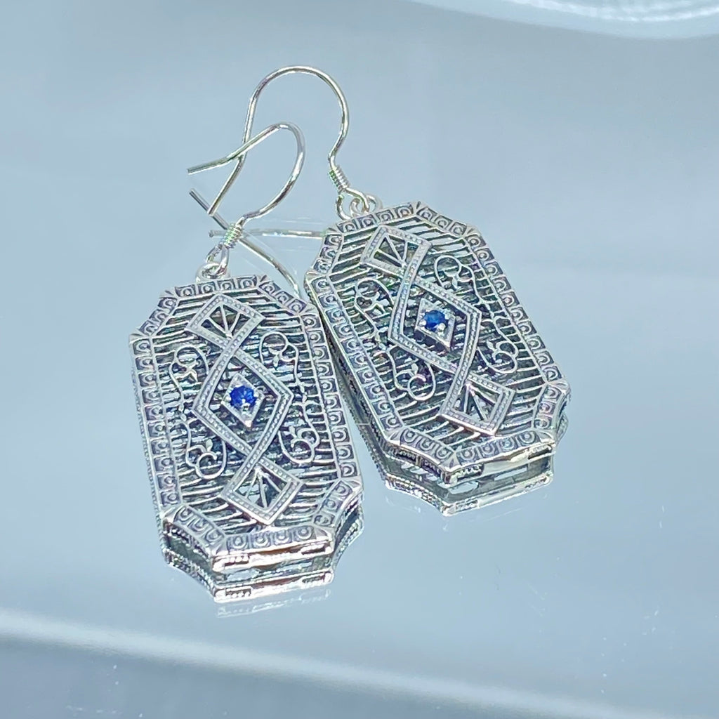 Natural Blue Sapphire Earrings, GeoDeco style, sterling silver filigree, Vintage Antique Jewelry, Art Deco Jewelry, Silver Embrace Jewelry, P357