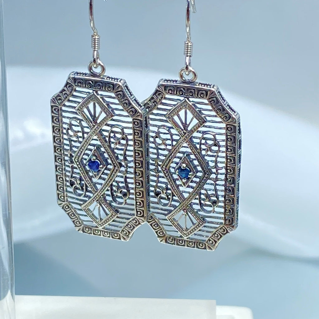 Natural Blue Sapphire Earrings, GeoDeco style, sterling silver filigree, Vintage Antique Jewelry, Art Deco Jewelry, Silver Embrace Jewelry, P357