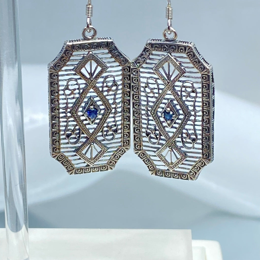 Natural Blue Sapphire Earrings, GeoDeco style, sterling silver filigree, Vintage Antique Jewelry, Art Deco Jewelry, Silver Embrace Jewelry, P357