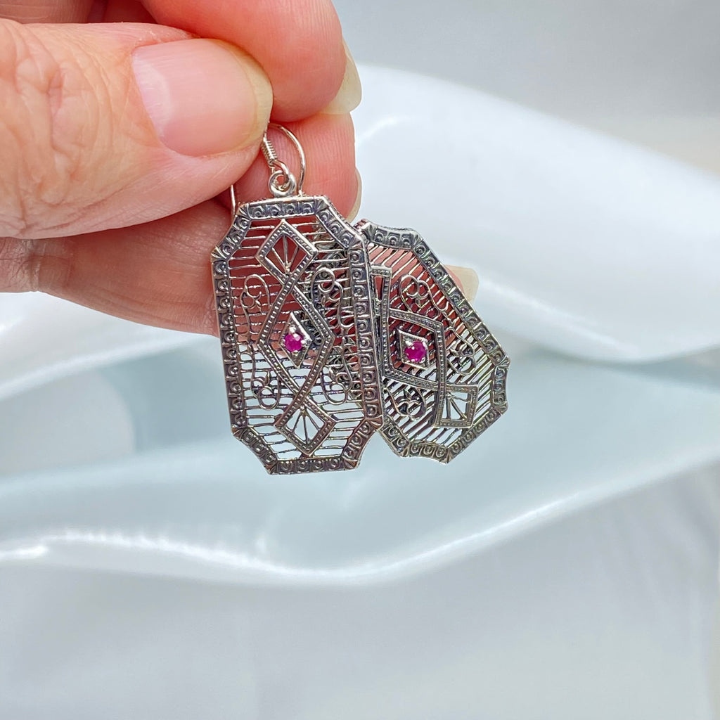 Natural Ruby Earrings, GeoDeco style, sterling silver filigree, Vintage Antique Jewelry, Art Deco Jewelry, Silver Embrace Jewelry, P357