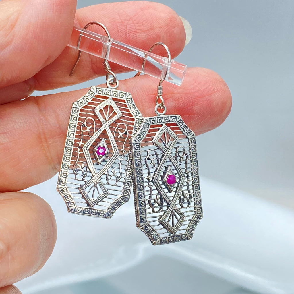 Natural Ruby Earrings, GeoDeco style, sterling silver filigree, Vintage Antique Jewelry, Art Deco Jewelry, Silver Embrace Jewelry, P357