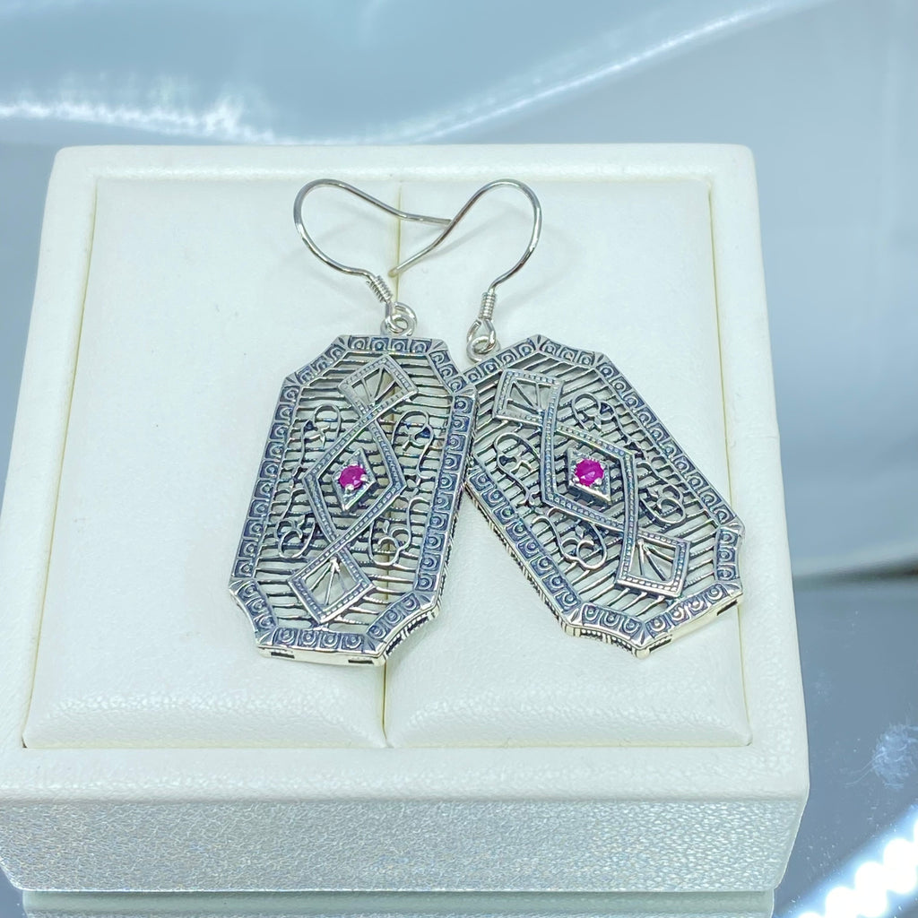 Natural Ruby Earrings, GeoDeco style, sterling silver filigree, Vintage Antique Jewelry, Art Deco Jewelry, Silver Embrace Jewelry, P357