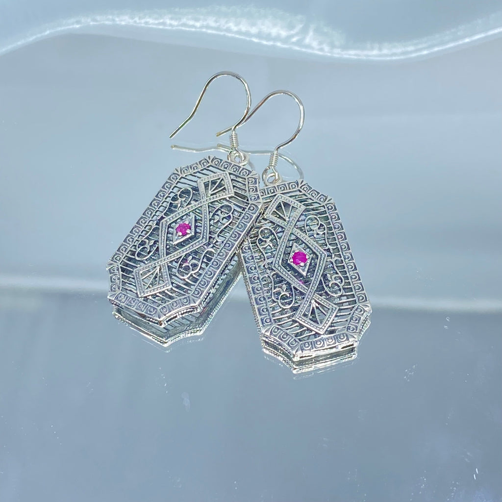 Natural Ruby Earrings, GeoDeco style, sterling silver filigree, Vintage Antique Jewelry, Art Deco Jewelry, Silver Embrace Jewelry, P357