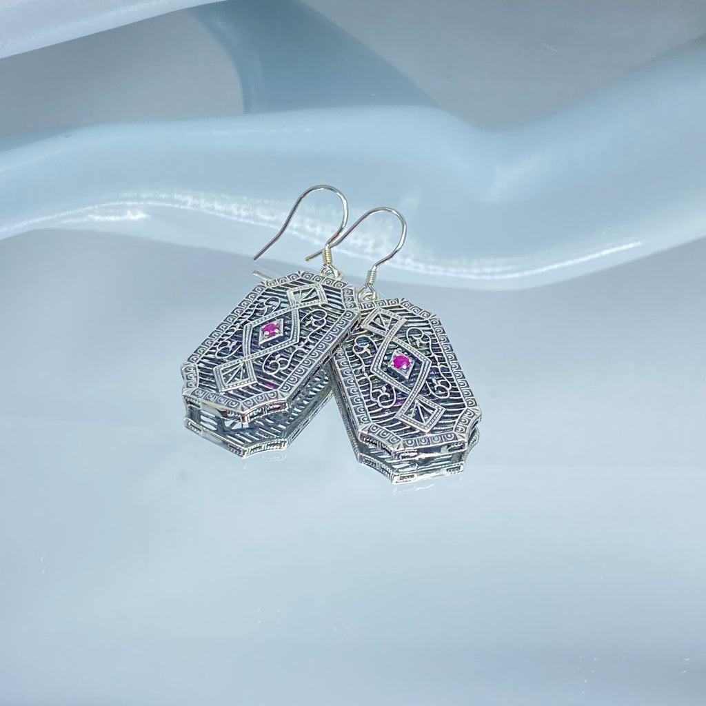 Natural Ruby Earrings, GeoDeco style, sterling silver filigree, Vintage Antique Jewelry, Art Deco Jewelry, Silver Embrace Jewelry, P357