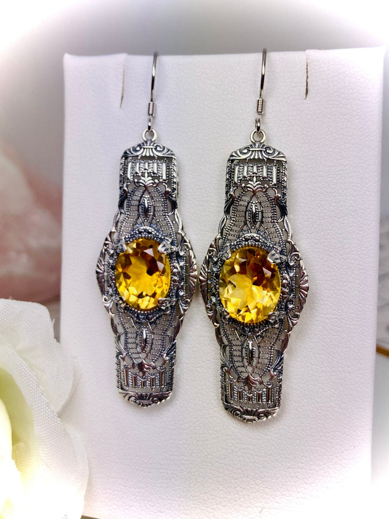 Natural yellow Citrine Oval Earrings, Oval Castle Earrings, Art Deco Jewelry, Sterling Silver Filigree, Silver Embrace Jewelry, #E4
