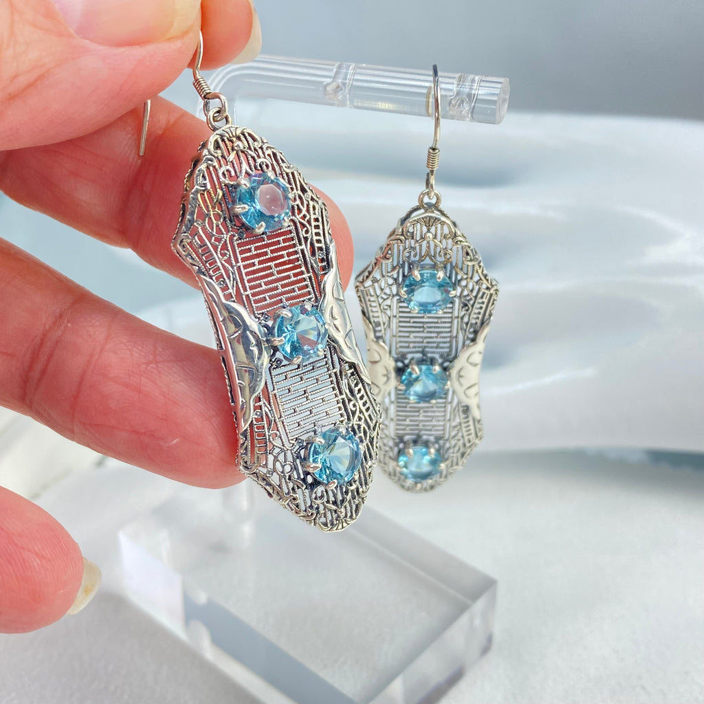 Aquamarine Earrings, Sky Blue Earrings, Edwardian Jewelry, Sterling Silver Filigree, Triple Gemstone, Vintage Jewelry, Silver Embrace Jewelry, Twist Earrings E42