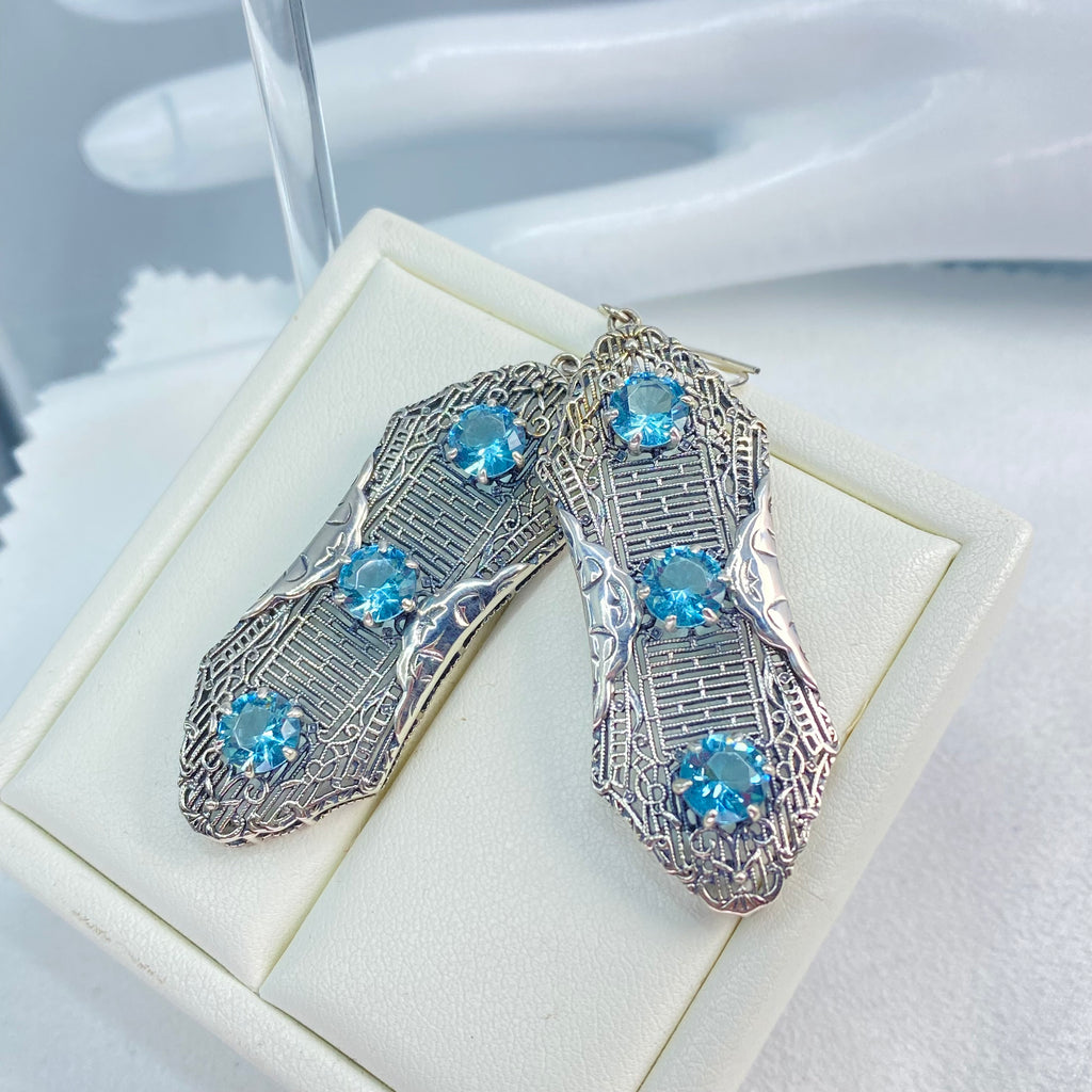 Aquamarine Earrings, Sky Blue Earrings, Edwardian Jewelry, Sterling Silver Filigree, Triple Gemstone, Vintage Jewelry, Silver Embrace Jewelry, Twist Earrings E42