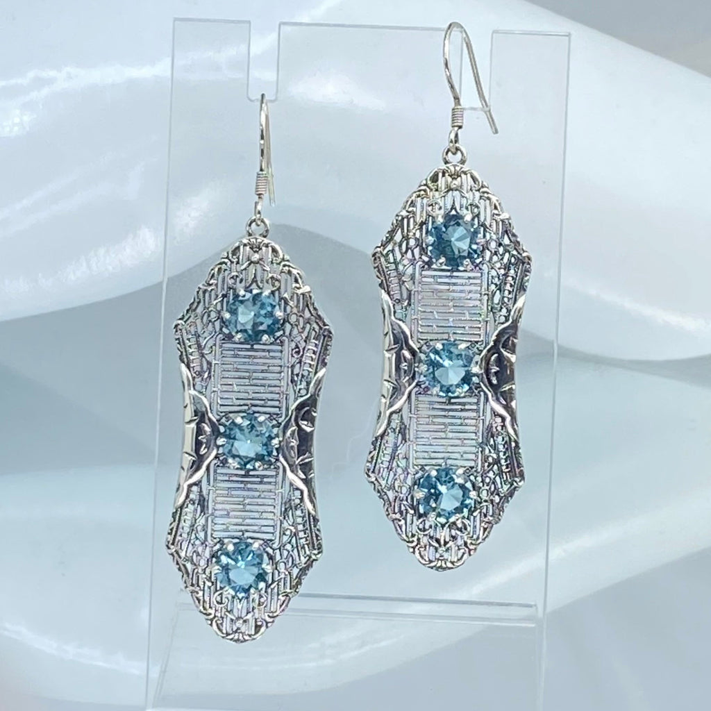 Aquamarine Earrings, Sky Blue Earrings, Edwardian Jewelry, Sterling Silver Filigree, Triple Gemstone, Vintage Jewelry, Silver Embrace Jewelry, Twist Earrings E42