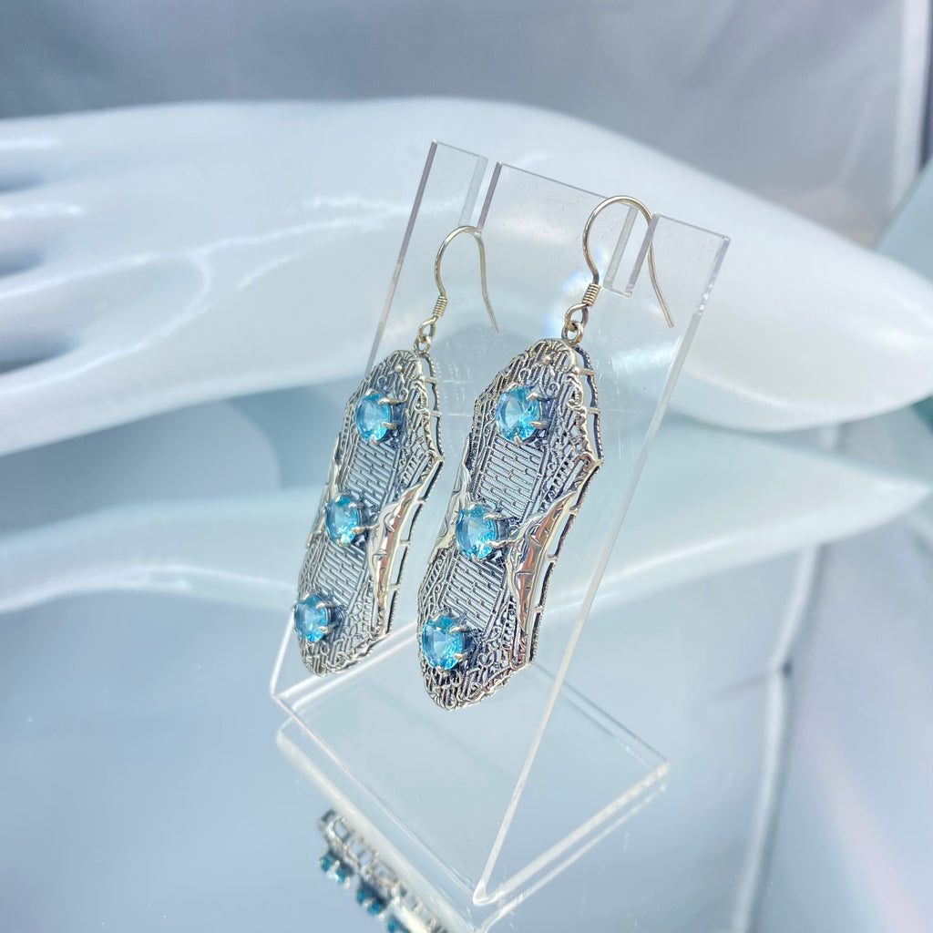 Aquamarine Earrings, Sky Blue Earrings, Edwardian Jewelry, Sterling Silver Filigree, Triple Gemstone, Vintage Jewelry, Silver Embrace Jewelry, Twist Earrings E42