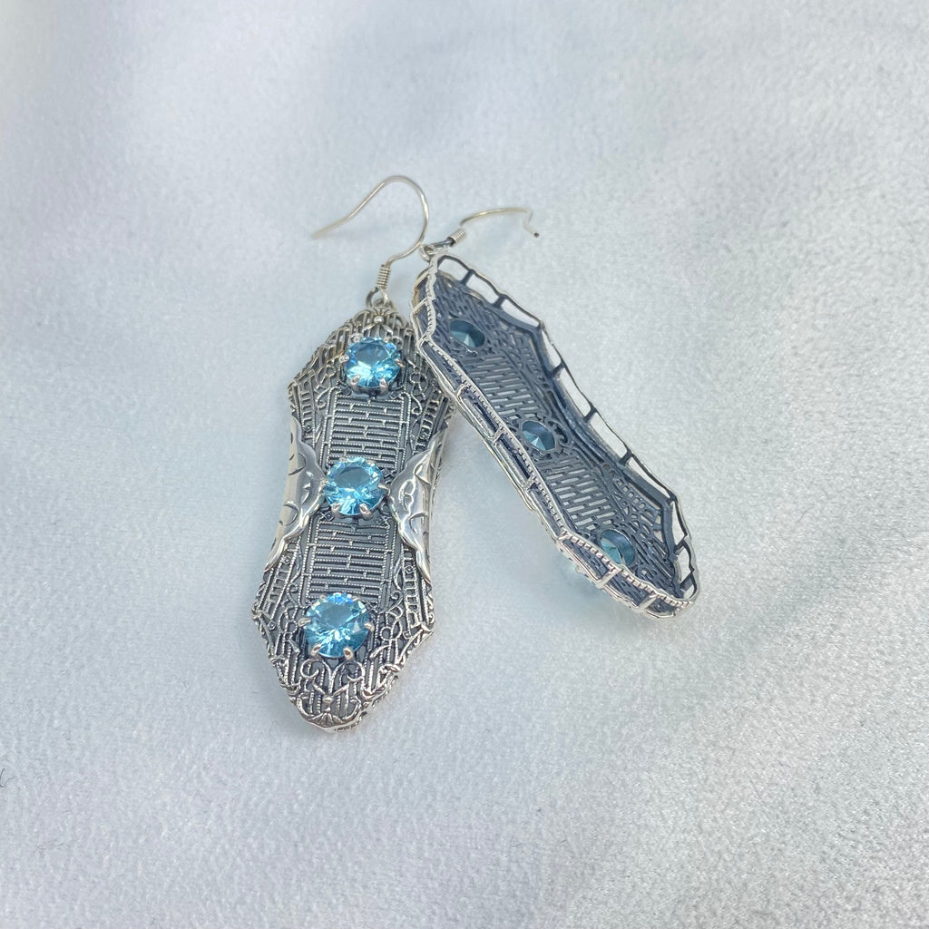 Aquamarine Earrings, Sky Blue Earrings, Edwardian Jewelry, Sterling Silver Filigree, Triple Gemstone, Vintage Jewelry, Silver Embrace Jewelry, Twist Earrings E42