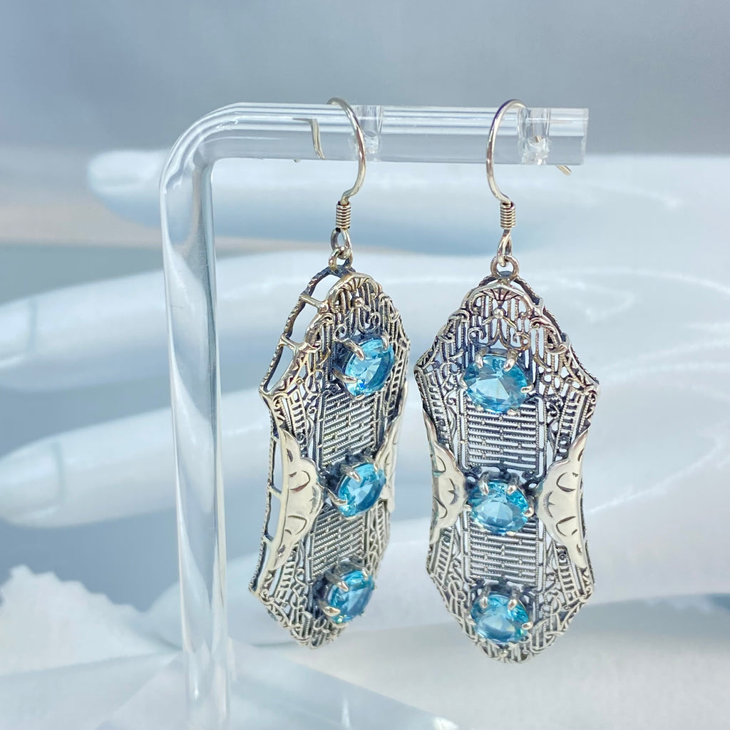 Aquamarine Earrings, Sky Blue Earrings, Edwardian Jewelry, Sterling Silver Filigree, Triple Gemstone, Vintage Jewelry, Silver Embrace Jewelry, Twist Earrings E42