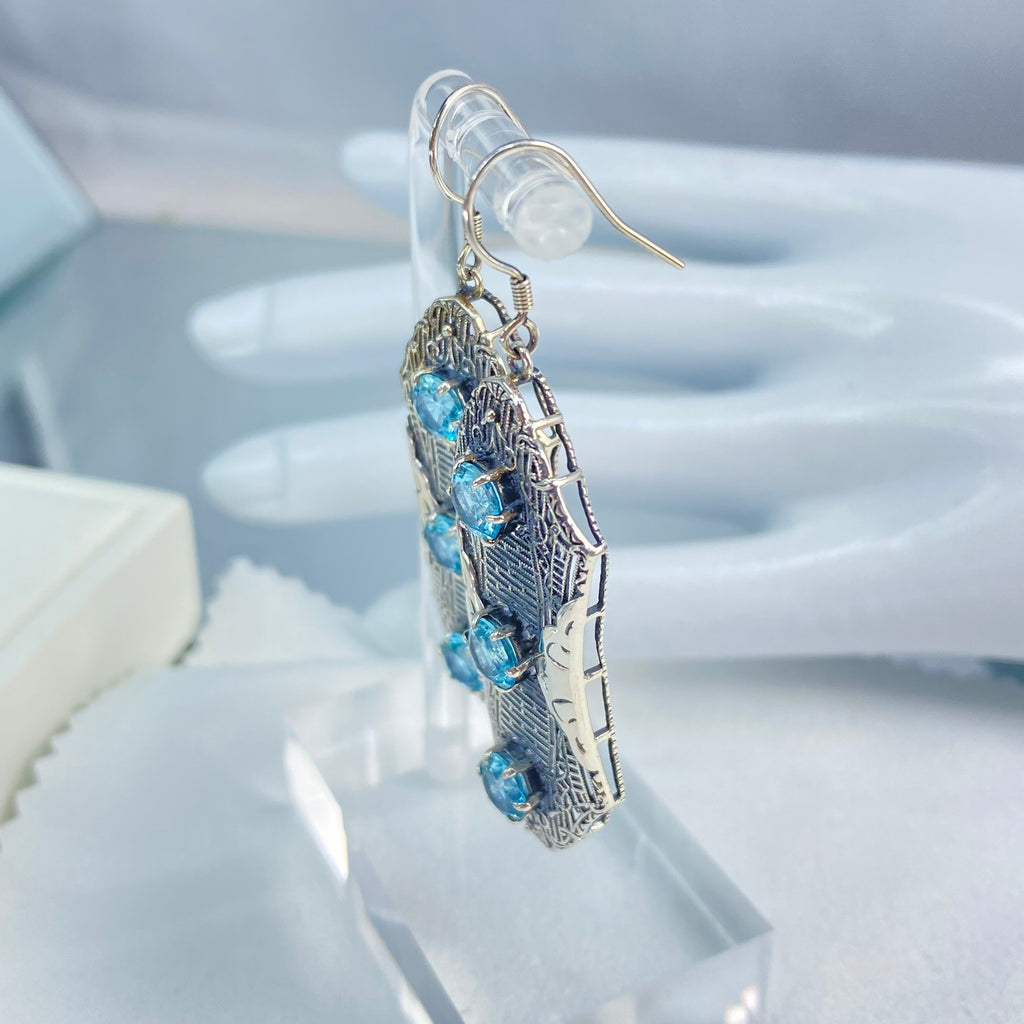 Aquamarine Earrings, Sky Blue Earrings, Edwardian Jewelry, Sterling Silver Filigree, Triple Gemstone, Vintage Jewelry, Silver Embrace Jewelry, Twist Earrings E42