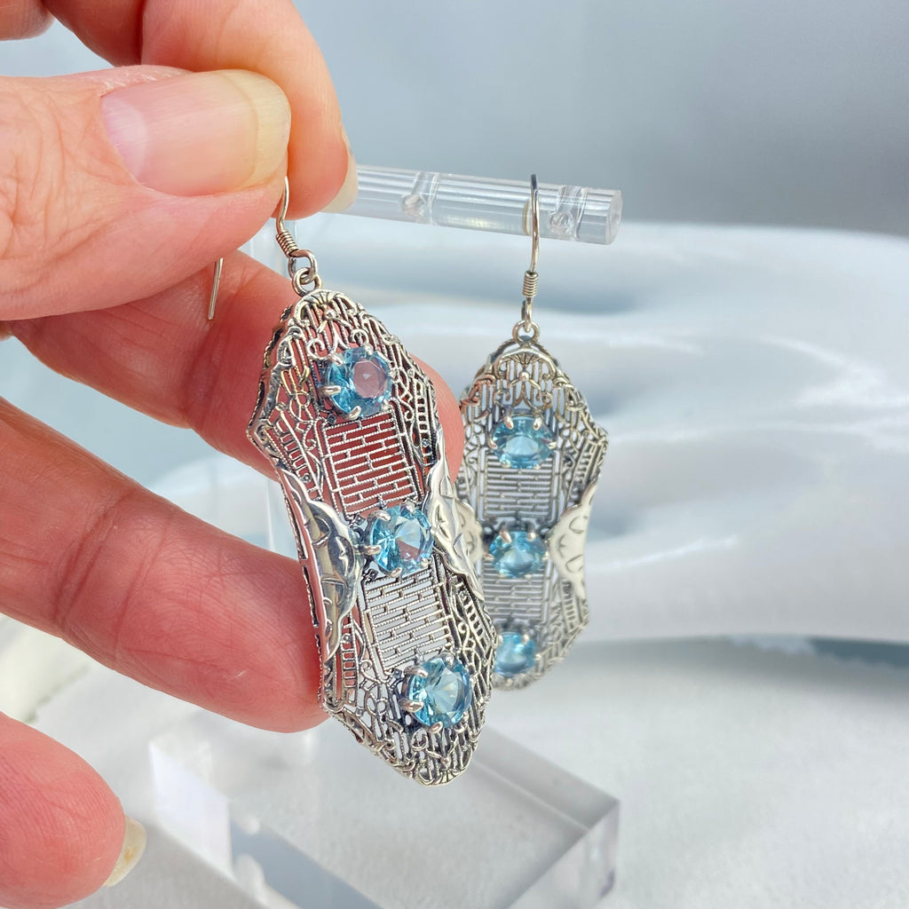 Aquamarine Earrings, Sky Blue Earrings, Edwardian Jewelry, Sterling Silver Filigree, Triple Gemstone, Vintage Jewelry, Silver Embrace Jewelry, Twist Earrings E42