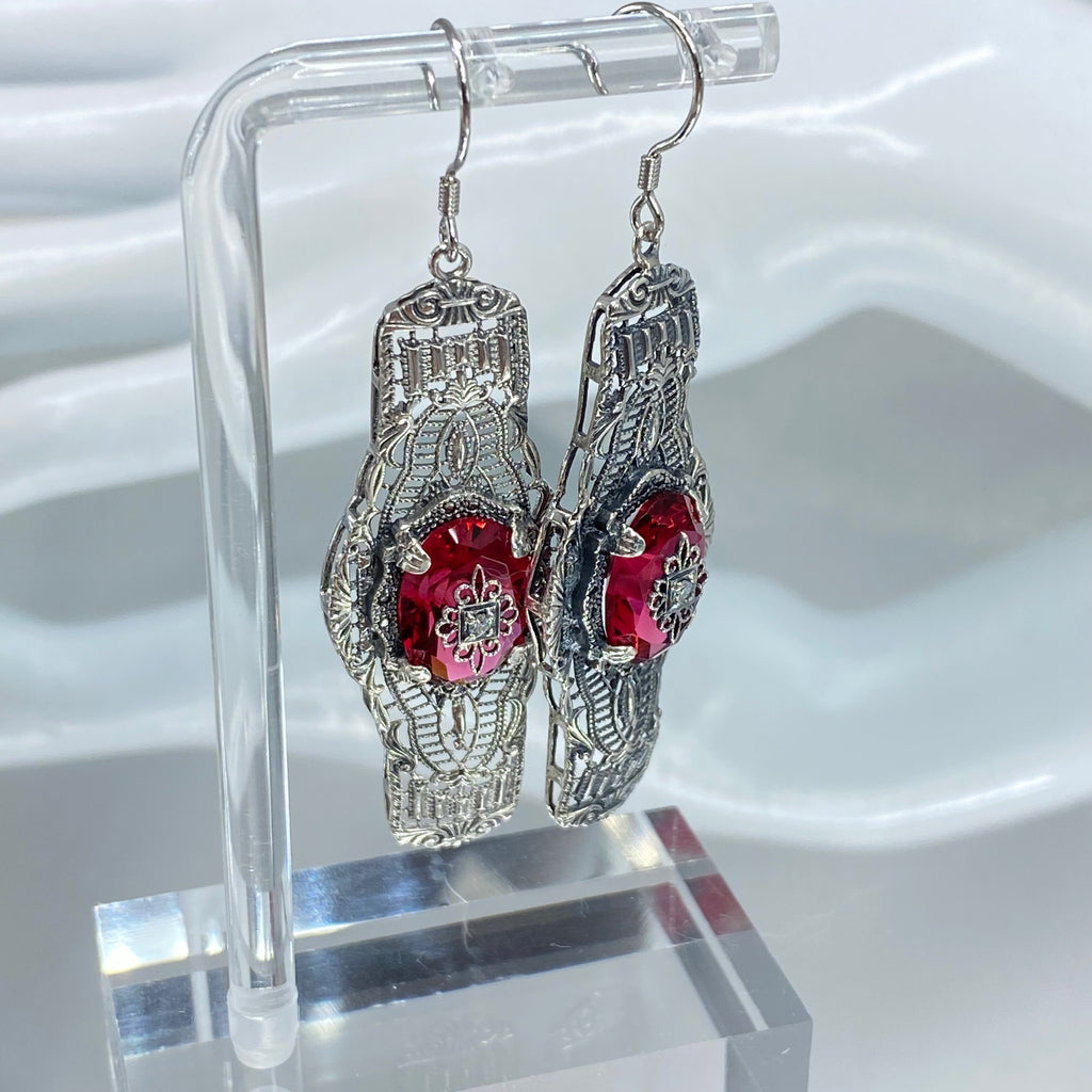 Red Ruby Embellished Oval Earrings, Oval Castle Earrings, Art Deco Jewelry, Sterling Silver Filigree, Silver Embrace Jewelry, #E4e