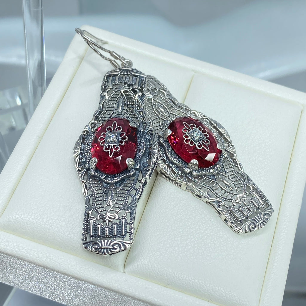 Red Ruby Embellished Oval Earrings, Oval Castle Earrings, Art Deco Jewelry, Sterling Silver Filigree, Silver Embrace Jewelry, #E4e