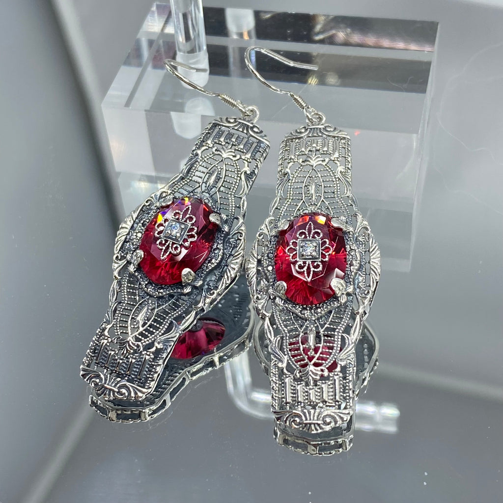 Red Ruby Embellished Oval Earrings, Oval Castle Earrings, Art Deco Jewelry, Sterling Silver Filigree, Silver Embrace Jewelry, #E4e