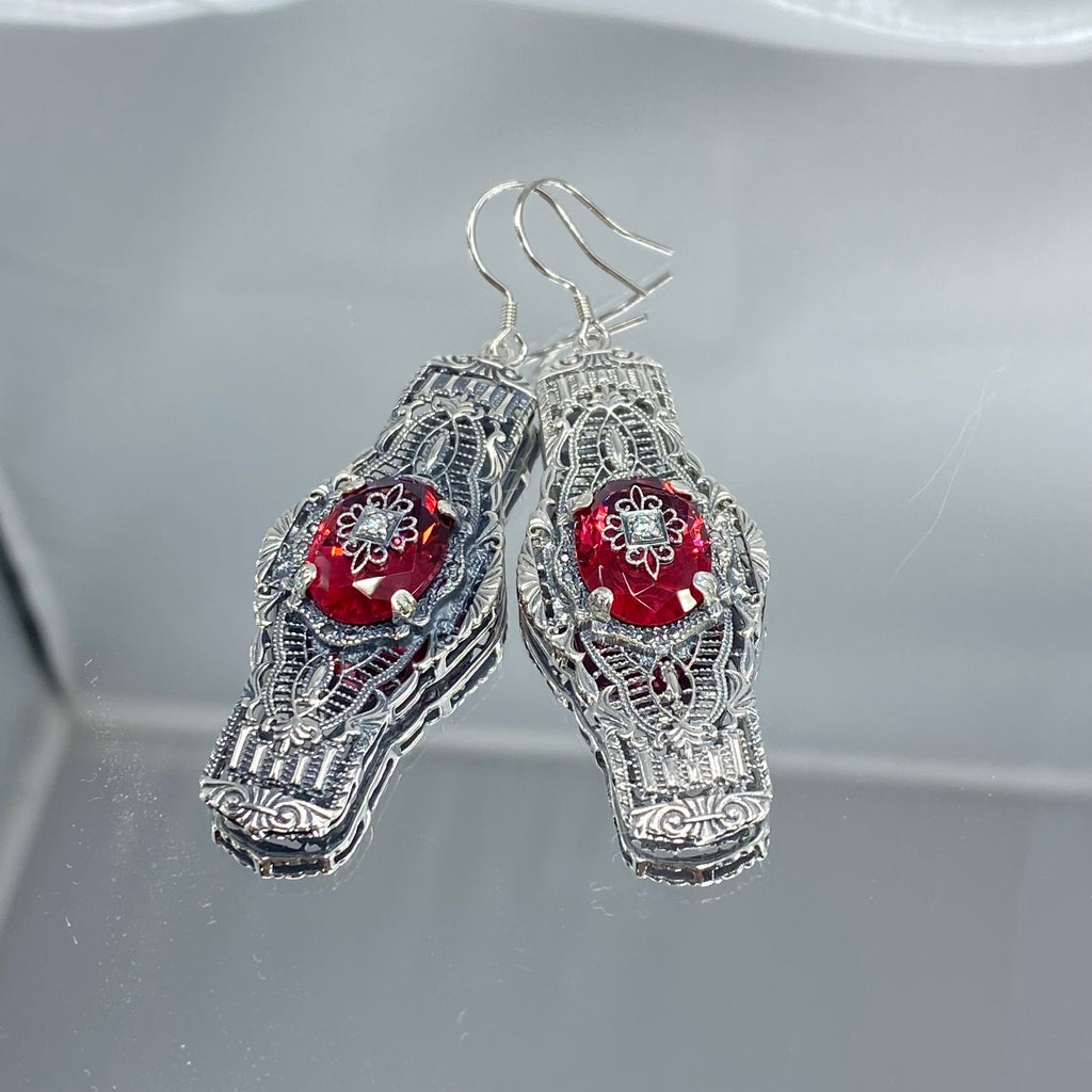 Red Ruby Embellished Oval Earrings, Oval Castle Earrings, Art Deco Jewelry, Sterling Silver Filigree, Silver Embrace Jewelry, #E4e