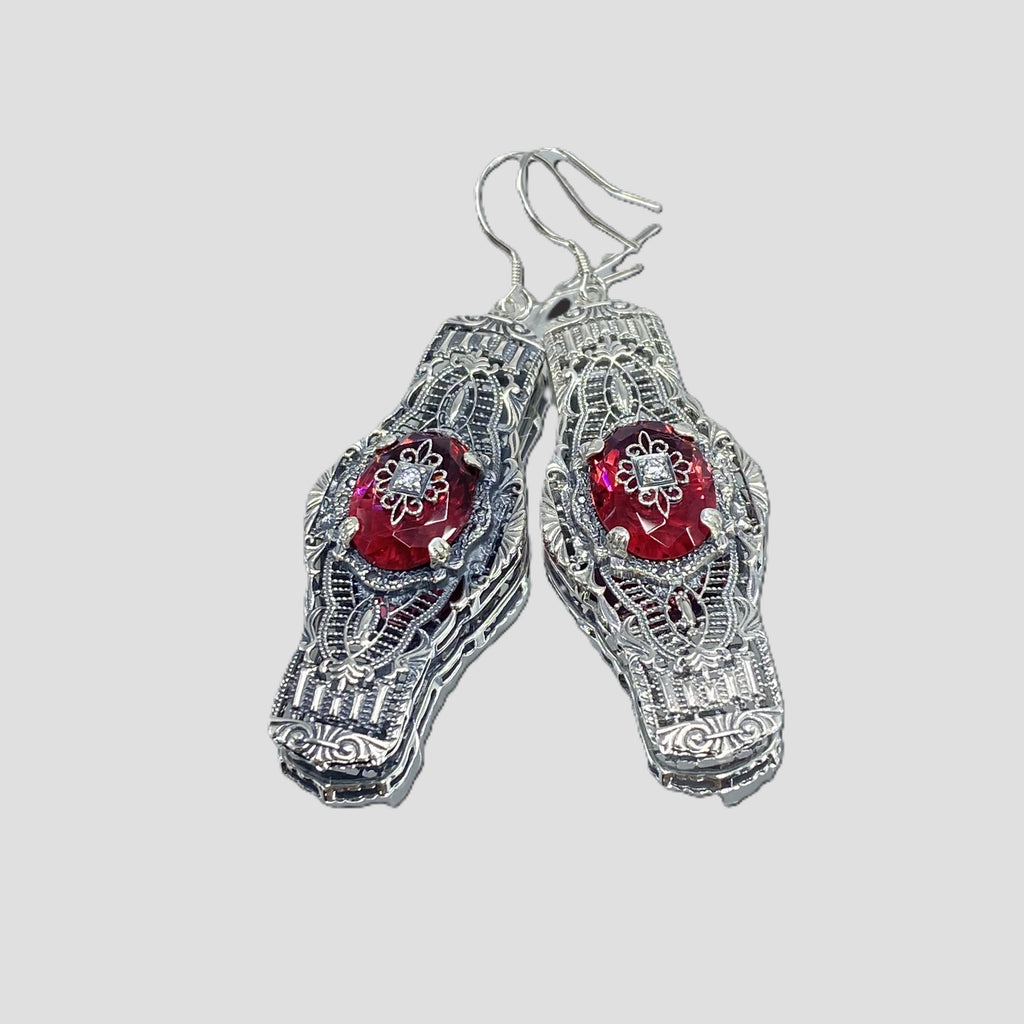 Red Ruby Embellished Oval Earrings, Oval Castle Earrings, Art Deco Jewelry, Sterling Silver Filigree, Silver Embrace Jewelry, #E4e