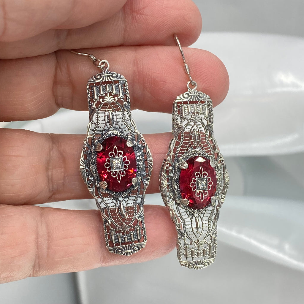 Red Ruby Embellished Oval Earrings, Oval Castle Earrings, Art Deco Jewelry, Sterling Silver Filigree, Silver Embrace Jewelry, #E4e