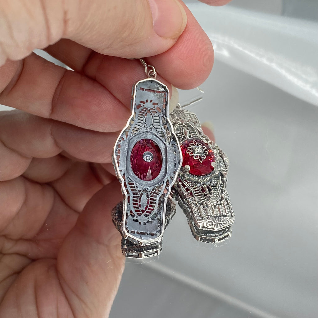 Red Ruby Embellished Oval Earrings, Oval Castle Earrings, Art Deco Jewelry, Sterling Silver Filigree, Silver Embrace Jewelry, #E4e