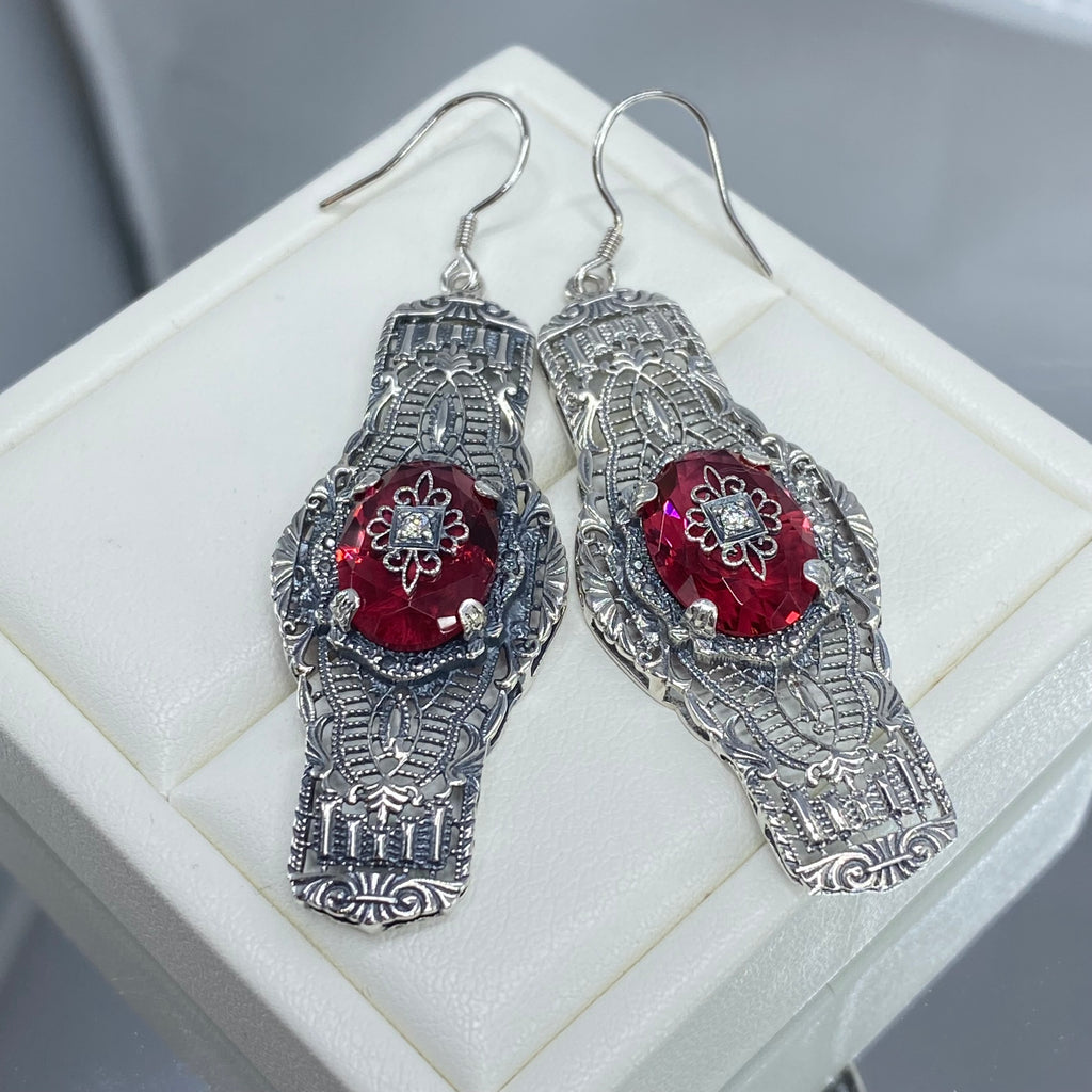 Red Ruby Embellished Oval Earrings, Oval Castle Earrings, Art Deco Jewelry, Sterling Silver Filigree, Silver Embrace Jewelry, #E4e