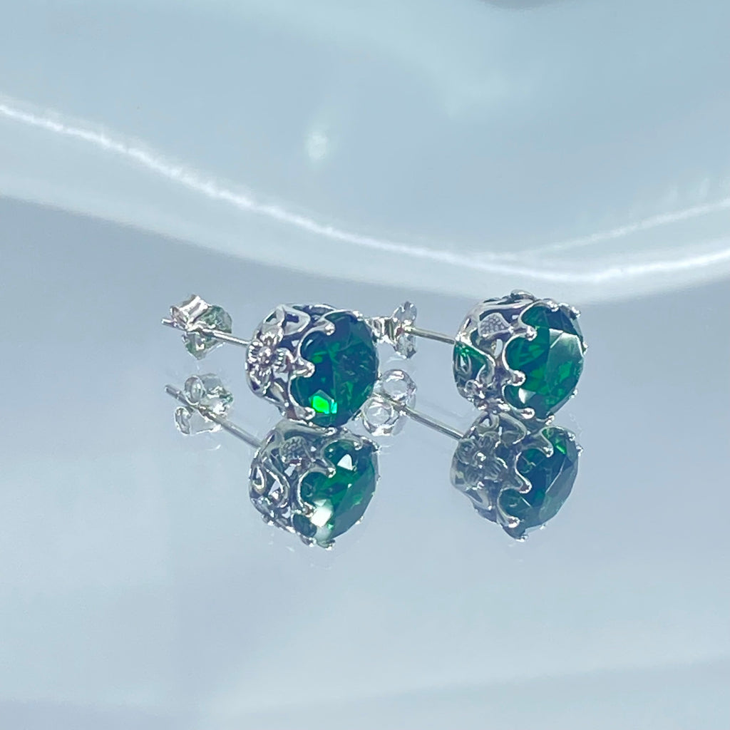 Green Emerald Earrings, Stud Earrings, Daisy earrings, Floral vintage style jewelry, post earrings, Sterling Silver Filigree, Silver Embrace Jewelry, E66