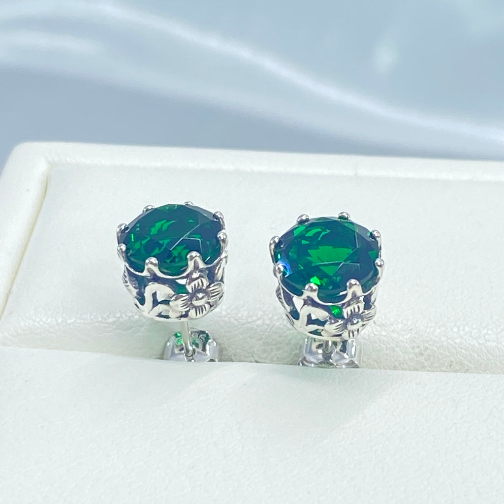 Green Emerald Earrings, Stud Earrings, Daisy earrings, Floral vintage style jewelry, post earrings, Sterling Silver Filigree, Silver Embrace Jewelry, E66