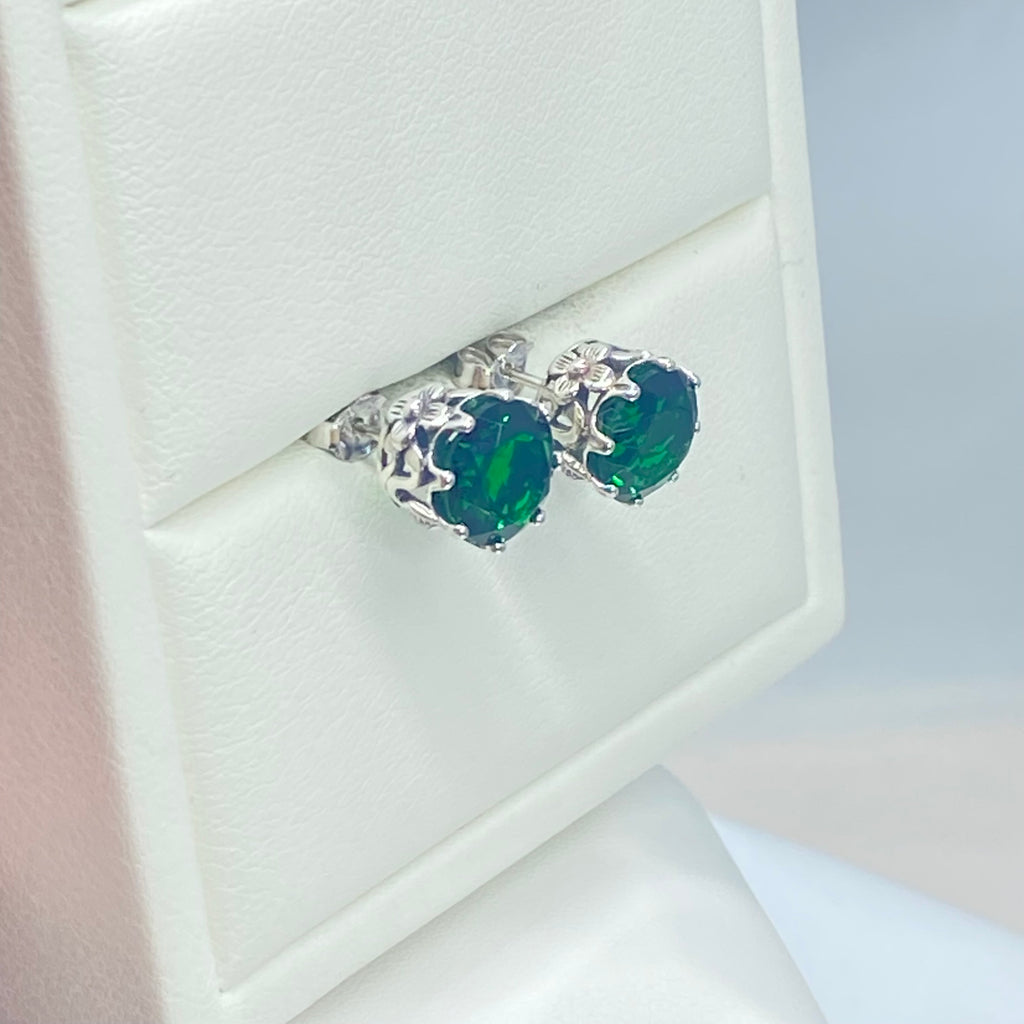 Green Emerald Earrings, Stud Earrings, Daisy earrings, Floral vintage style jewelry, post earrings, Sterling Silver Filigree, Silver Embrace Jewelry, E66
