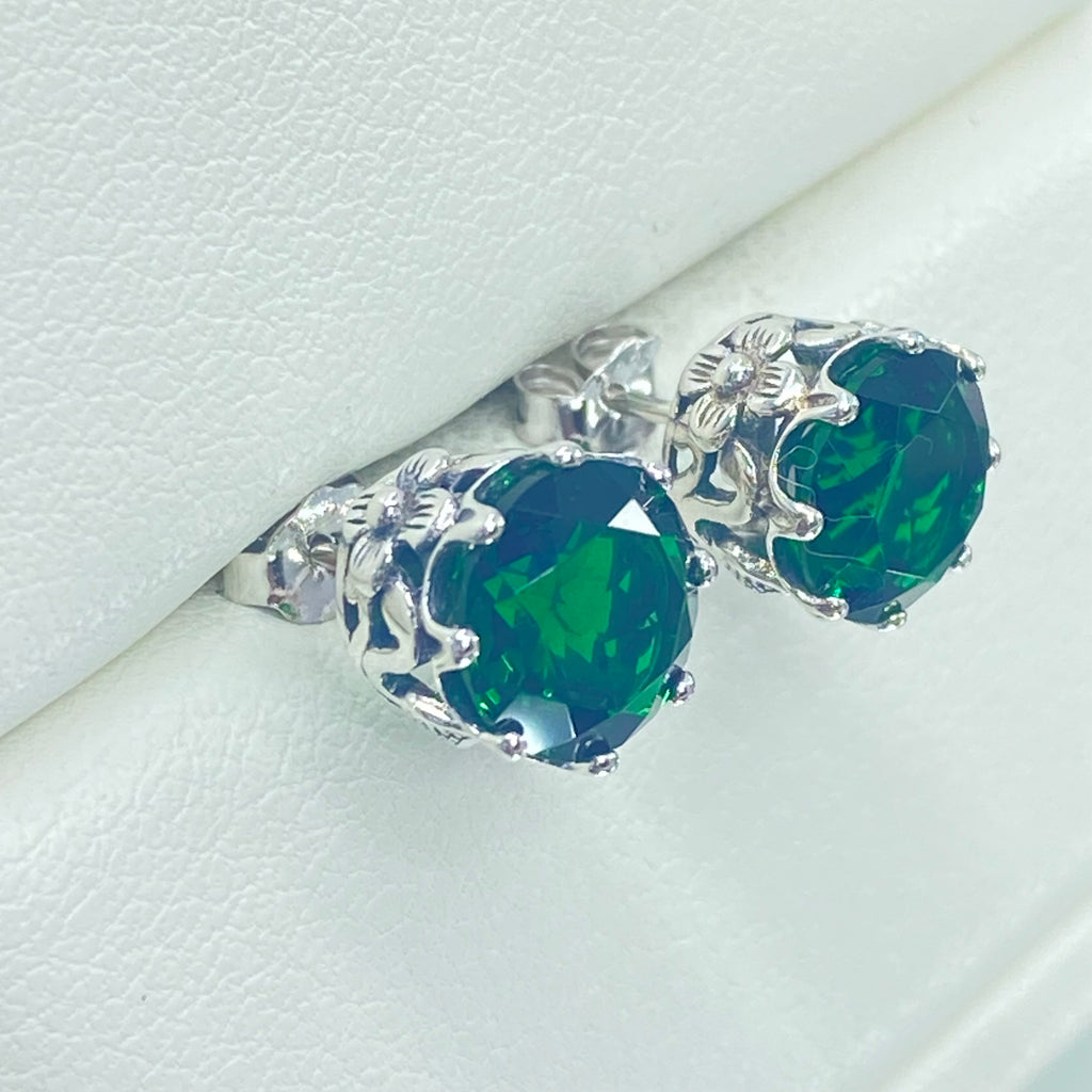 Green Emerald Earrings, Stud Earrings, Daisy earrings, Floral vintage style jewelry, post earrings, Sterling Silver Filigree, Silver Embrace Jewelry, E66