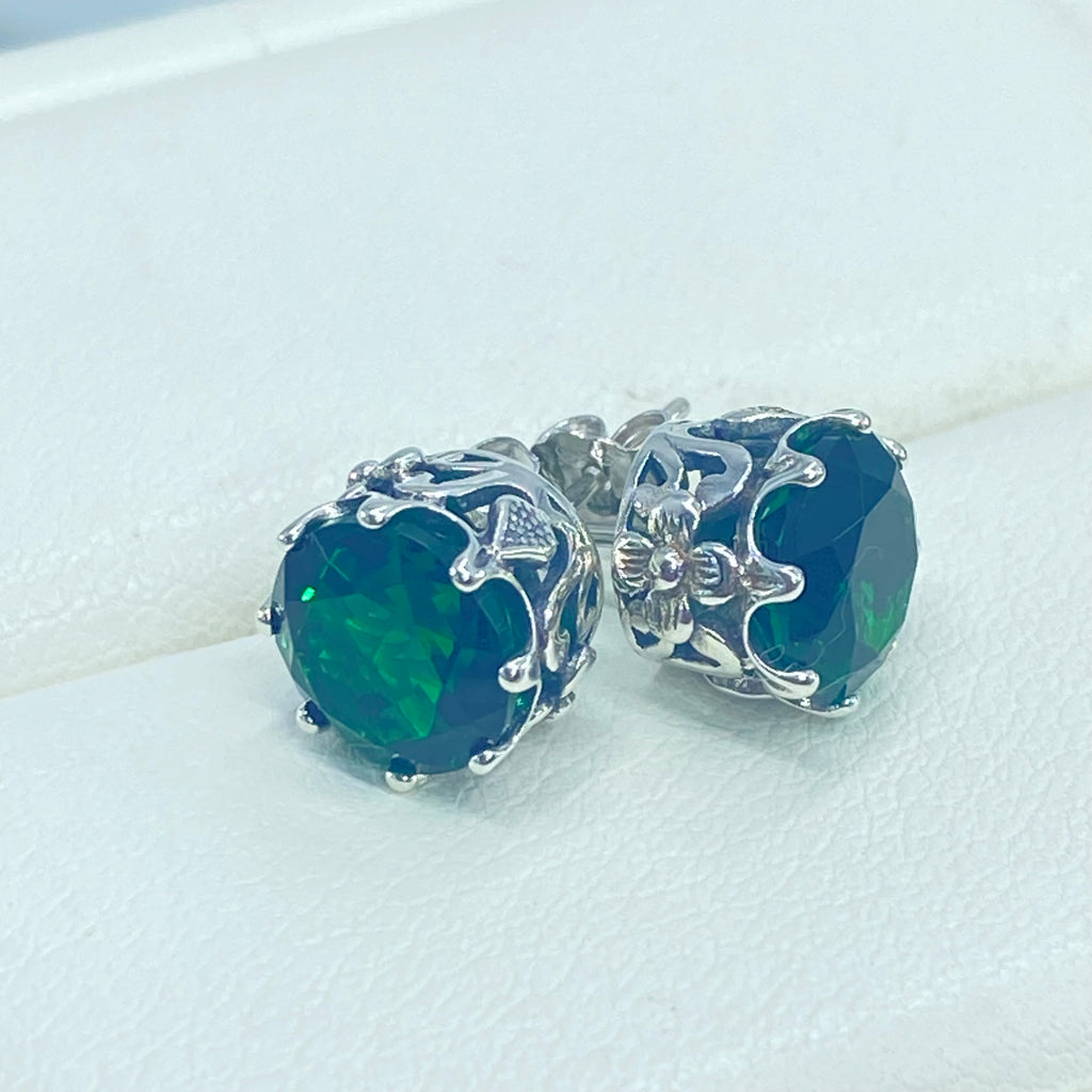 Green Emerald Earrings, Stud Earrings, Daisy earrings, Floral vintage style jewelry, post earrings, Sterling Silver Filigree, Silver Embrace Jewelry, E66