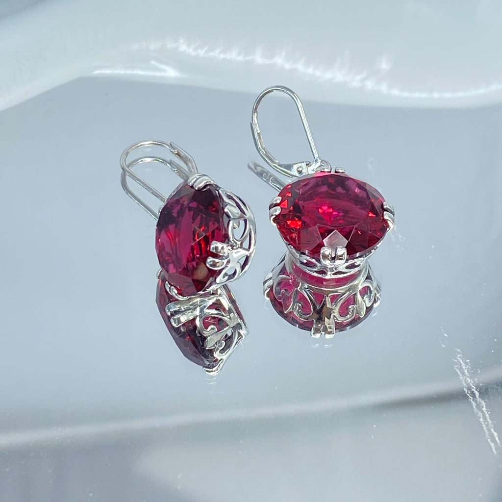 Ruby Red Earrings, Art Deco Vintage Sterling Silver Filigree, F Earrings, E7