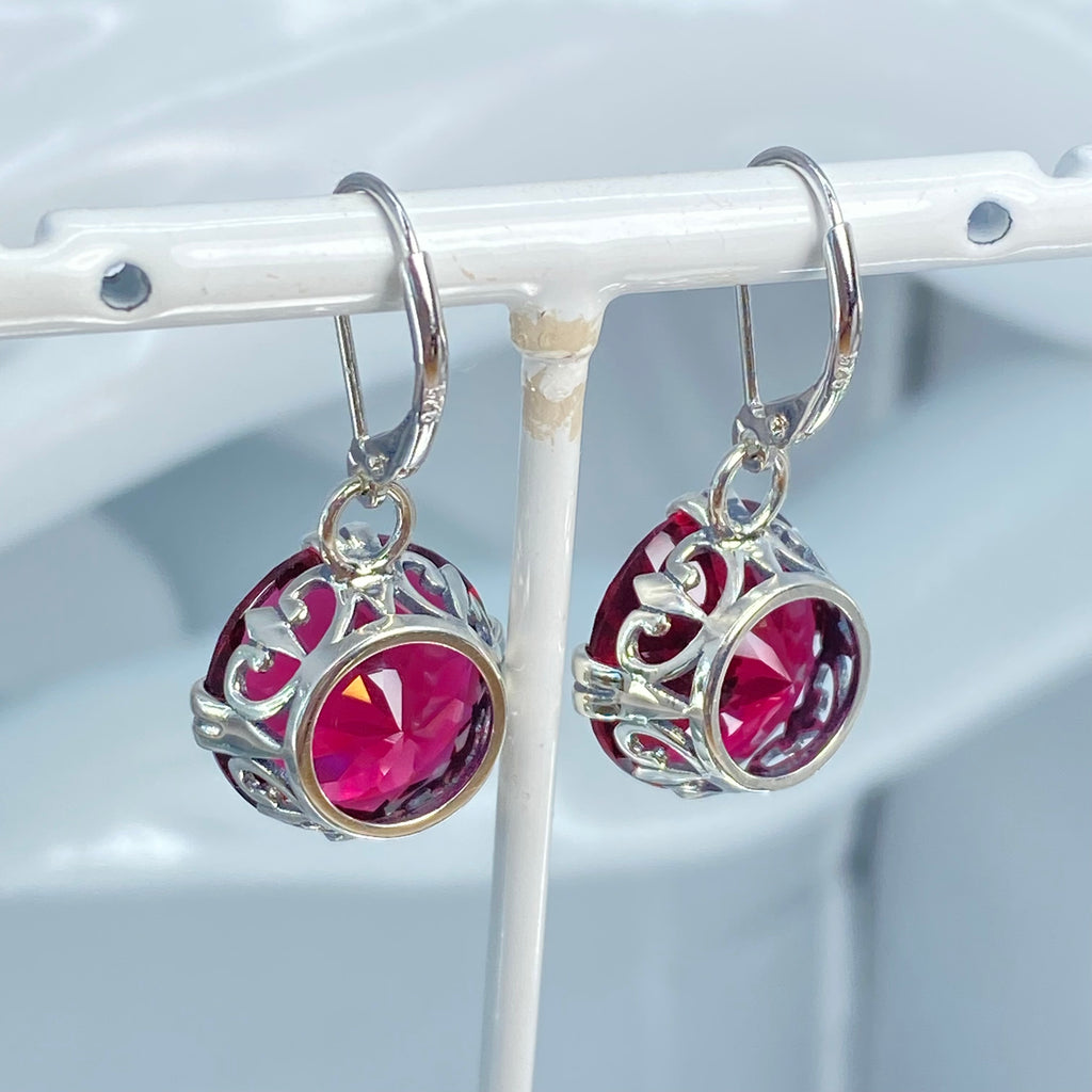 Ruby Red Earrings, Art Deco Vintage Sterling Silver Filigree, F Earrings, E7