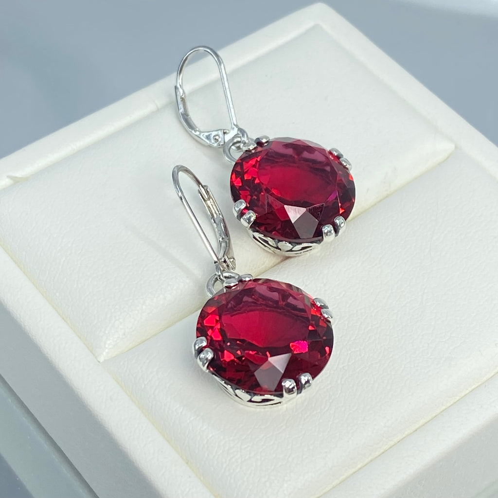 Ruby Red Earrings, Art Deco Vintage Sterling Silver Filigree, F Earrings, E7