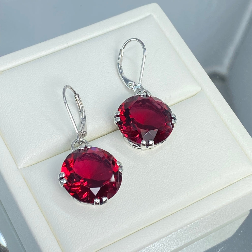 Ruby Red Earrings, Art Deco Vintage Sterling Silver Filigree, F Earrings, E7